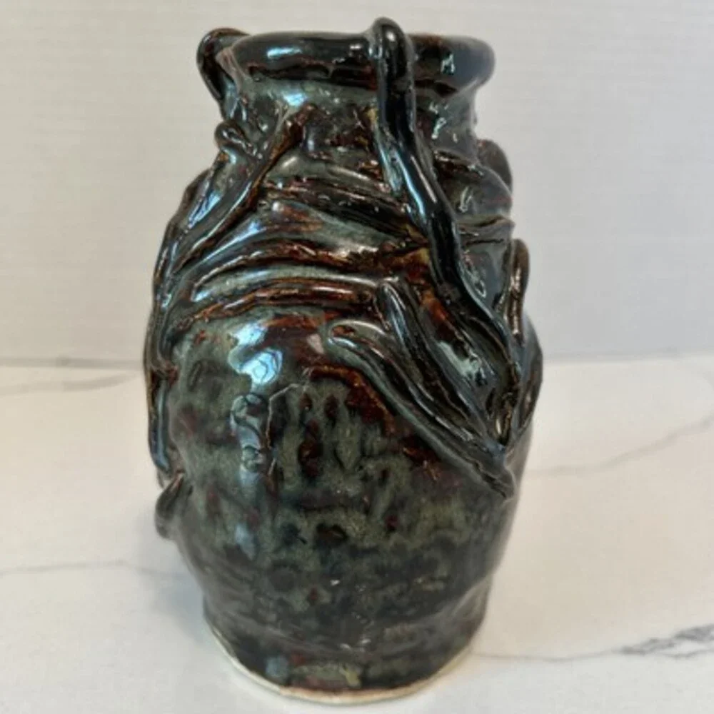 Vtg Handmade Studio Pottery Vase Brown Glaze W/ Decorative Pattern